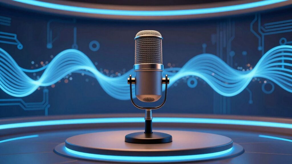 Futuristic podcast studio with AI elements.