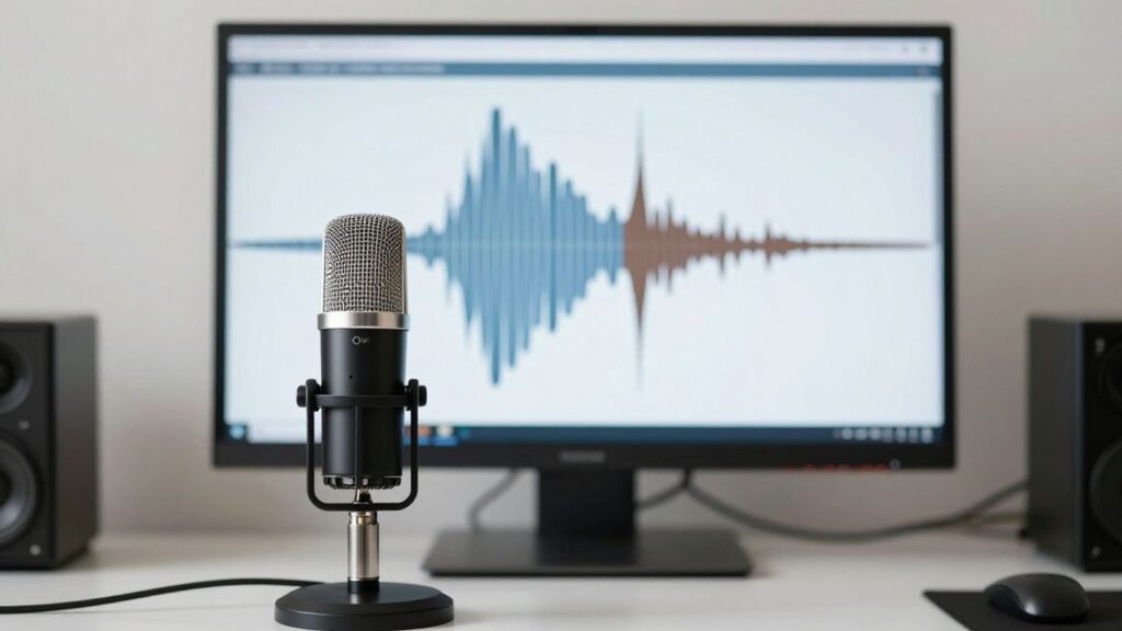 Microphone and laptop for AI voice podcasting