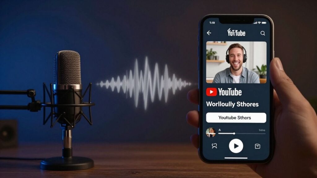 Podcast microphone and YouTube Shorts on a phone.