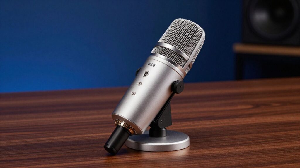 Blue Yeti microphone on a wooden desk.